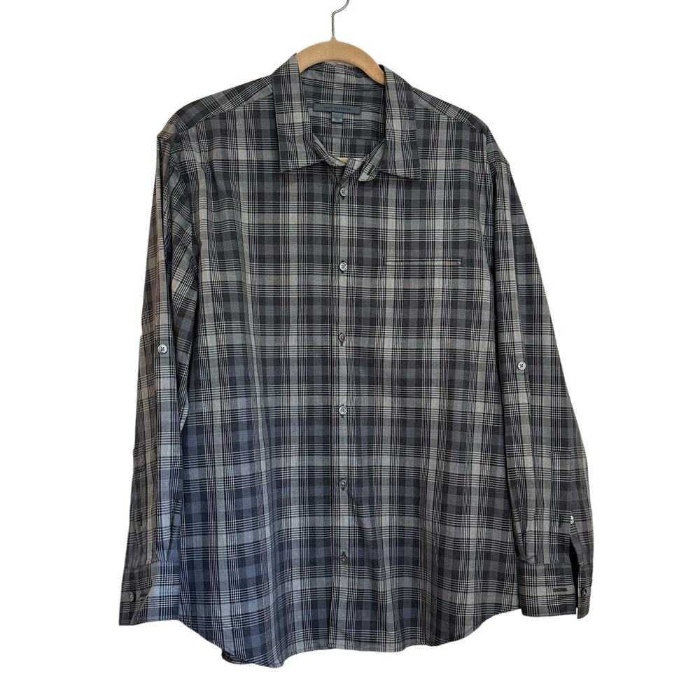 John Varvatos Gray Plaid Long Sleeve Roll Tab Sleeves Button Down Shirt sz L EUC